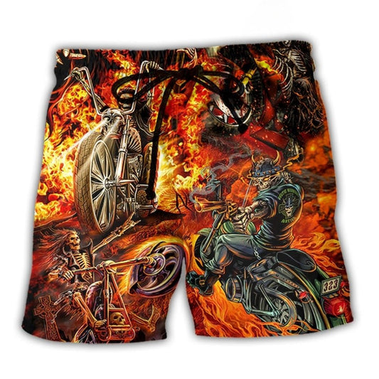 Motorcycle Skull Fire Burning Beach Shorts For Road Trips, Beach Days, And Casual Outdoor Wear