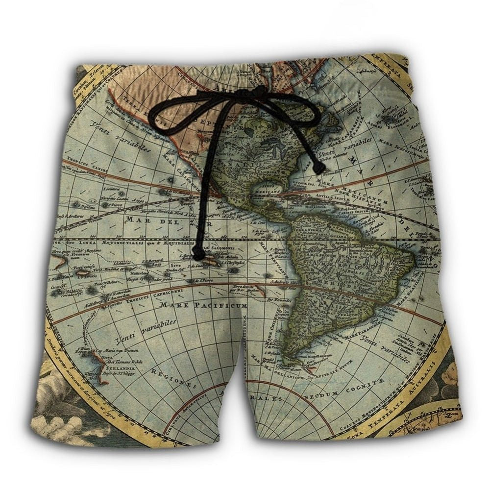 Vintage World Map Geography Beach Shorts Artwork Detail For Comfortable Everyday Summer Wear