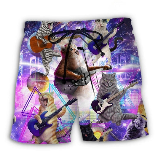 Cat Playing Guitar Galaxy Music Beach Shorts For Resort Travel And Thoughtful Summer Gifting