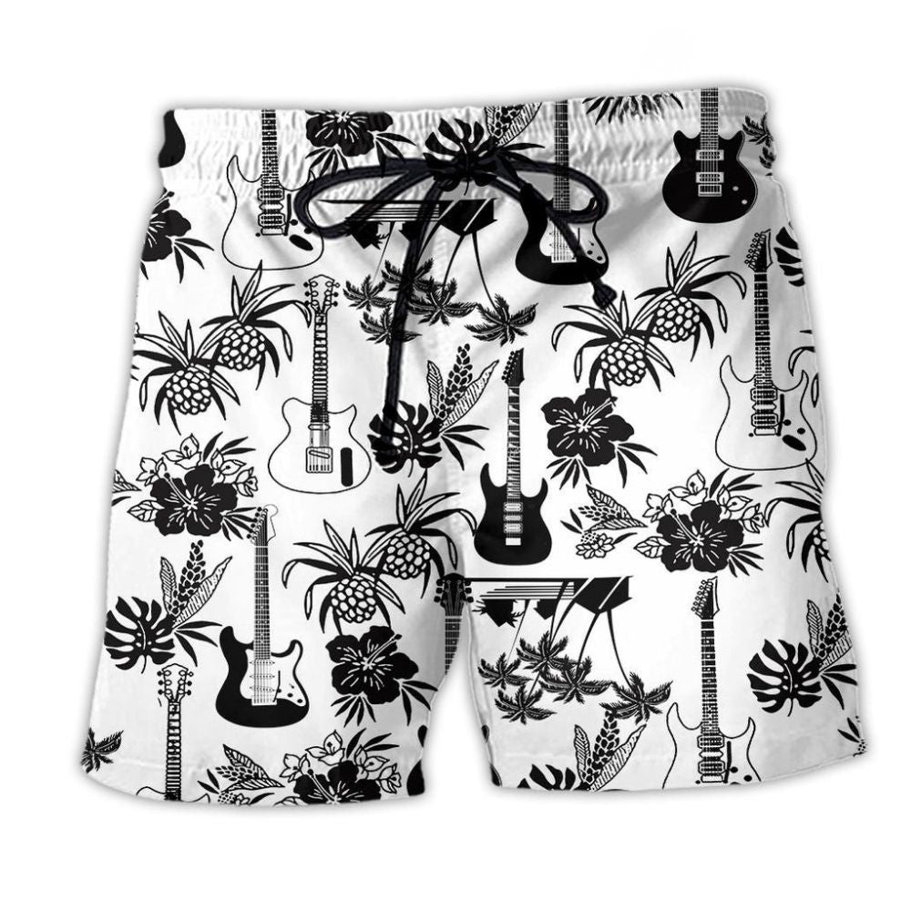Electric Guitar Black And White Beach Shorts Print Detail For Casual Warm Weather Outfits