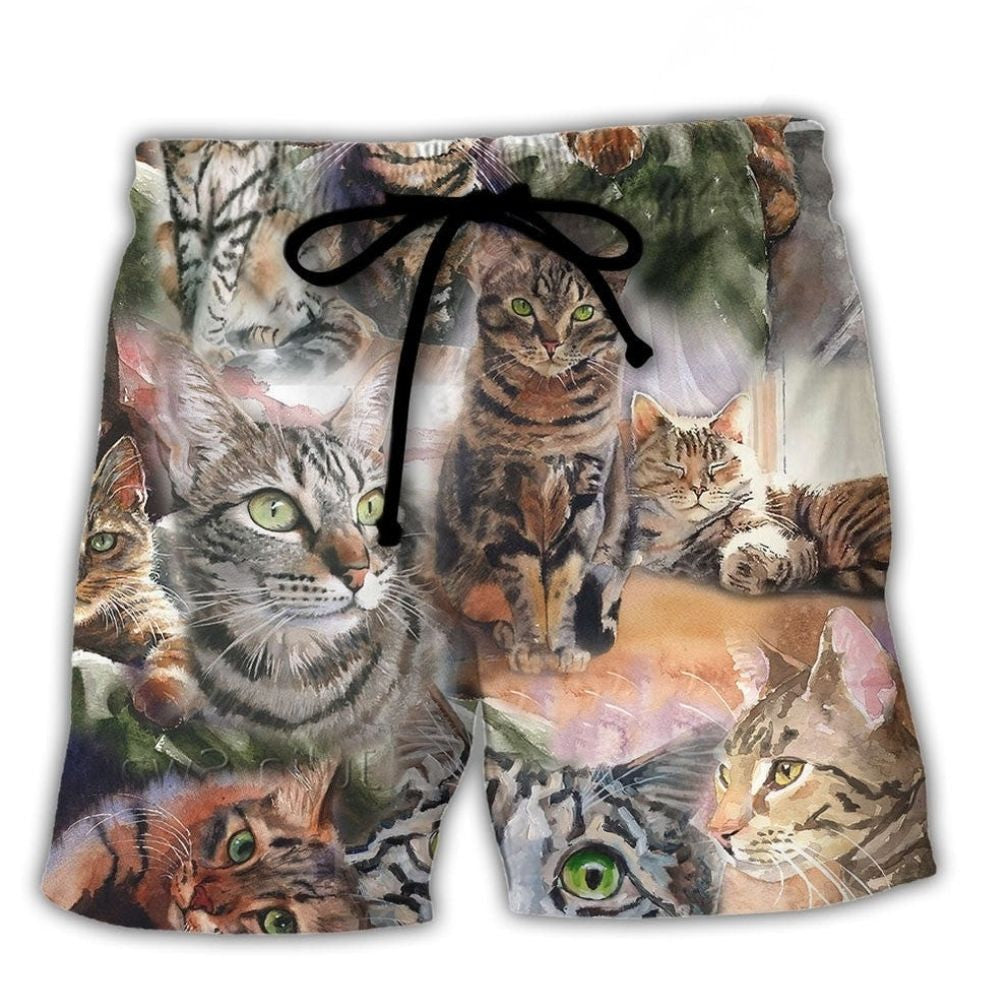 Tabby Cat Artistic Daily Portrait Beach Shorts Artwork Detail For Tropical Travel And Everyday Wear