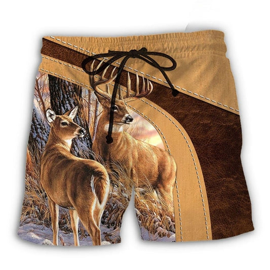 Old Buck And Sweet Doe Forest Beach Shorts Pattern Detail For Sunny Outdoor Activities