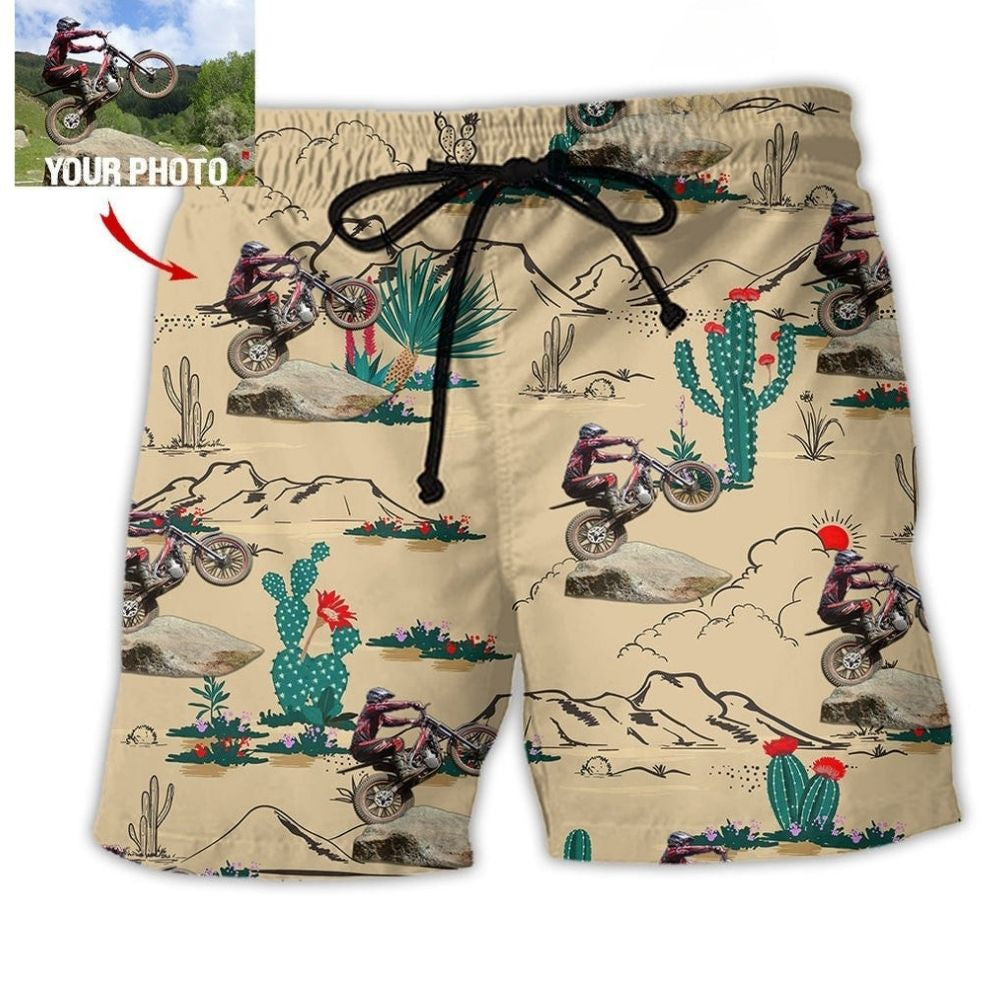 Desert Motorcycle Trial Adventure Beach Shorts Artwork Detail For Comfortable Everyday Summer Wear