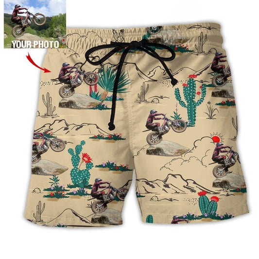 Desert Motorcycle Trial Adventure Beach Shorts Artwork Detail For Comfortable Everyday Summer Wear