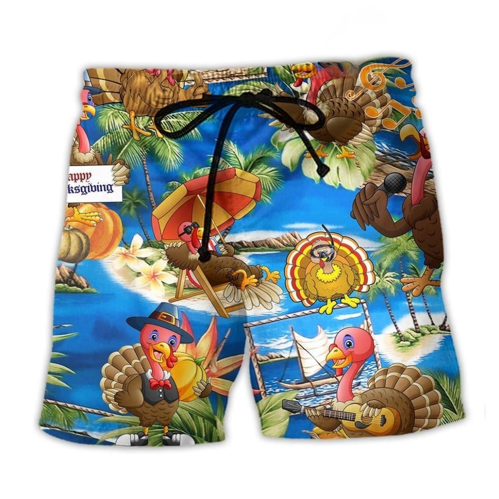 Turkey Happy Thanksgiving Day Beach Shorts Print Detail For Festive Outdoor Gatherings