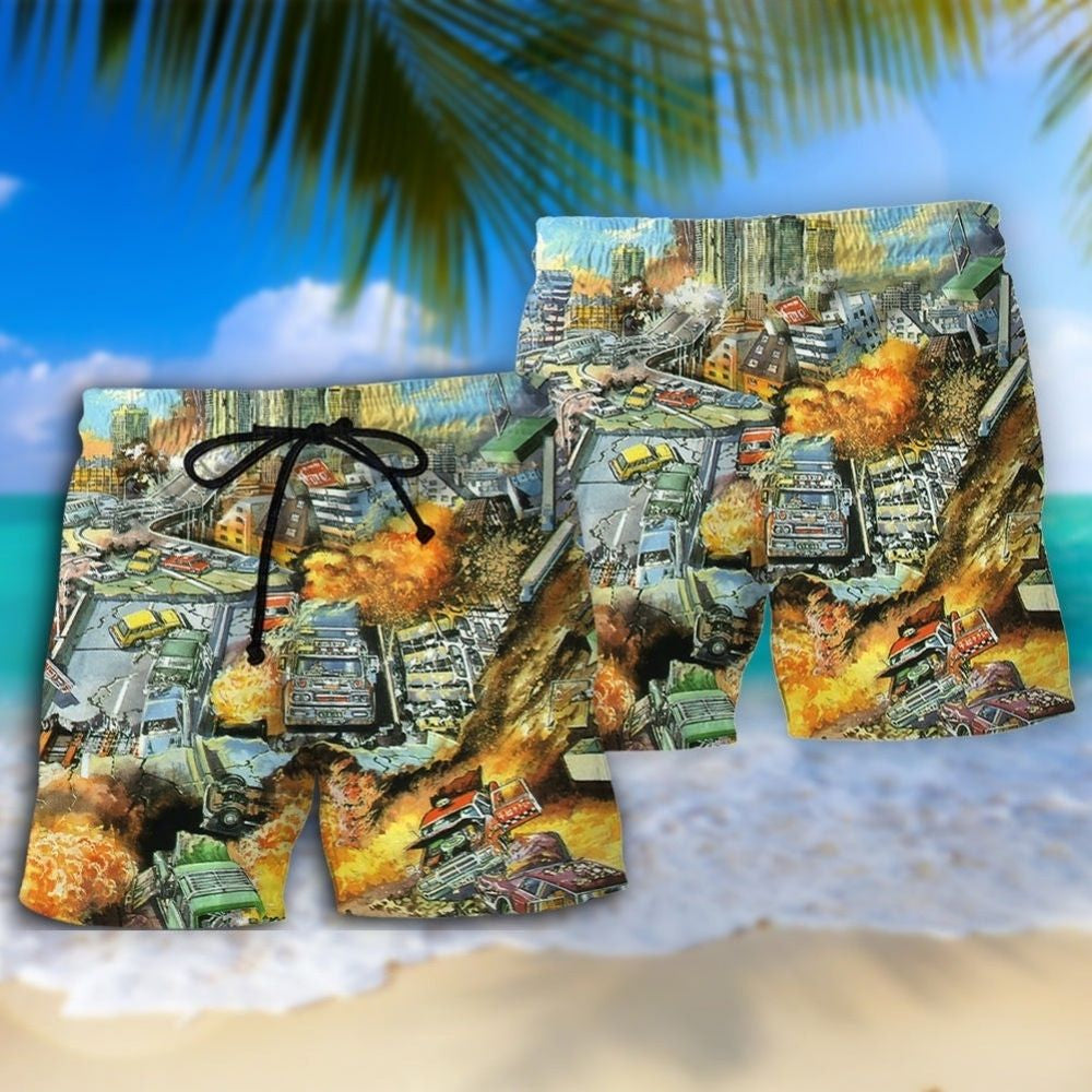 Vintage Earthquake Beach Shorts For Resort Travel And Thoughtful Summer Gifting