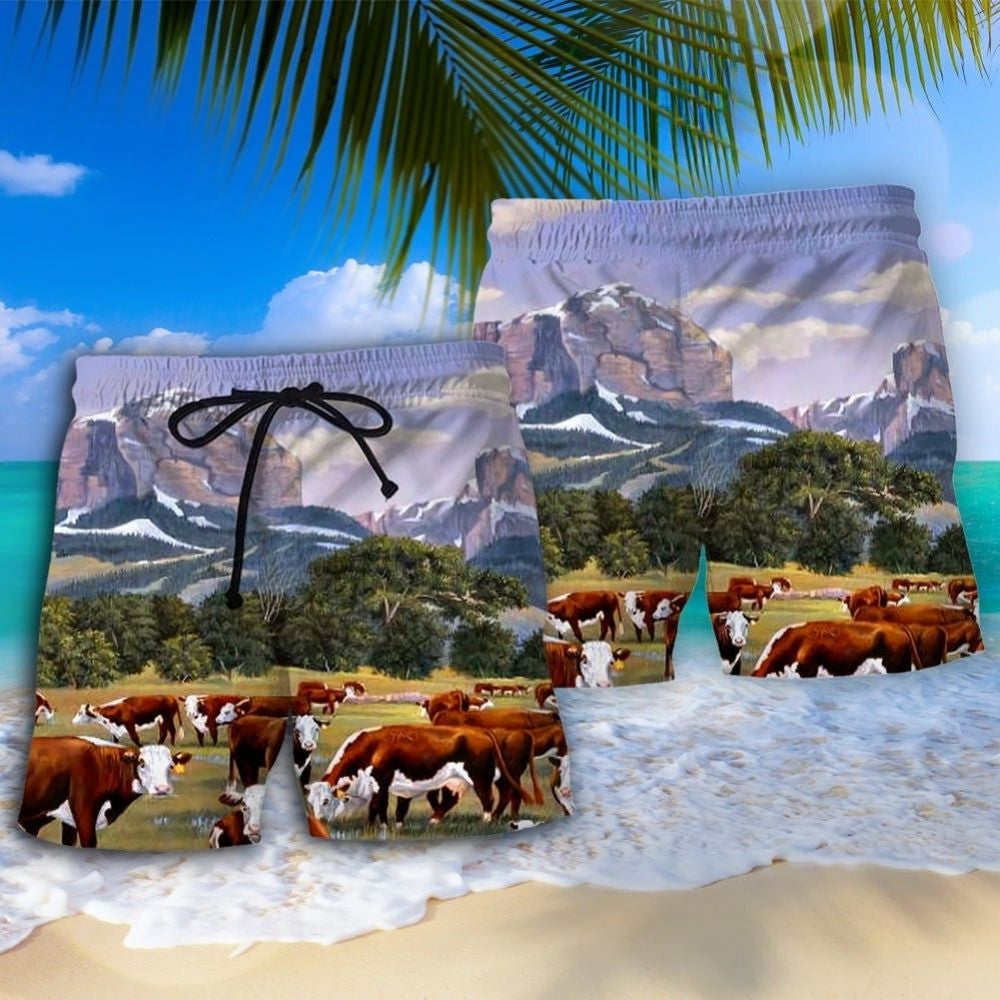 Cow Mountain Landscape Beach Shorts Artwork Detail For Comfortable Everyday Summer Wear