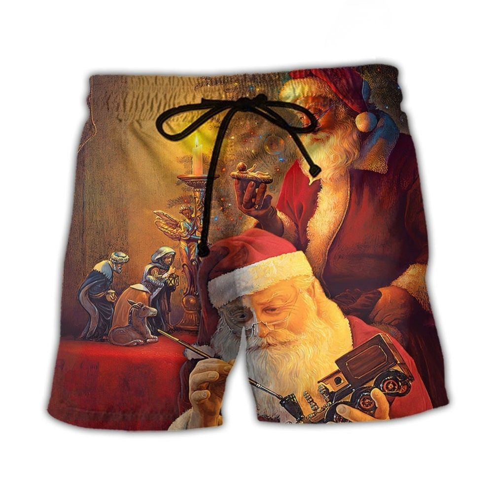 Spirit Of Christmas Santa Beach Shorts Pattern View For Vacation Travel And Outdoor Fun