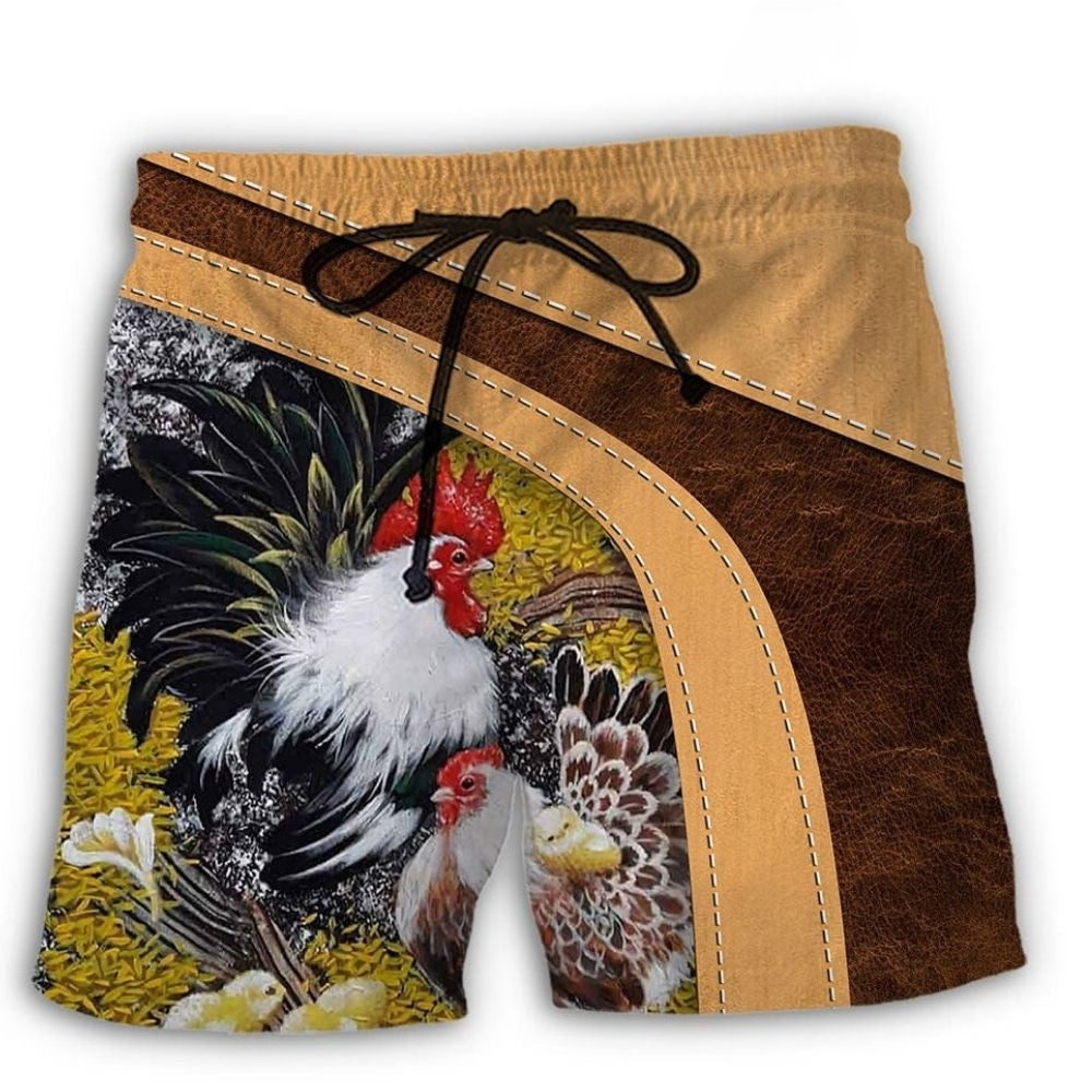 Old Rooster And Cute Chick Farm Beach Shorts Pattern View For Resort Days And Outdoor Activities