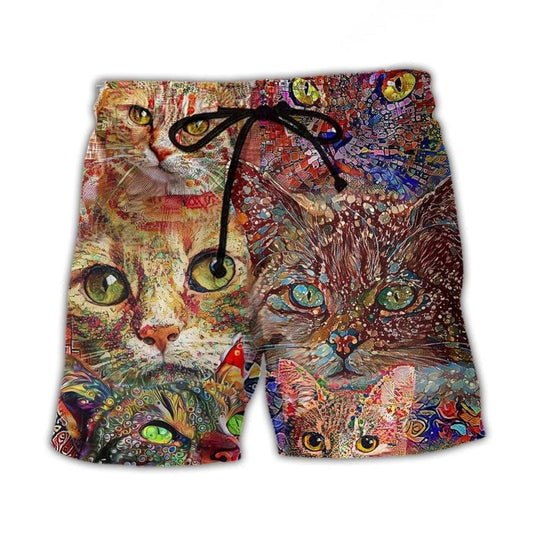 Funny Colorful Cat Art Lover Beach Shorts Print Detail For Beach Activities And Vacation Wear