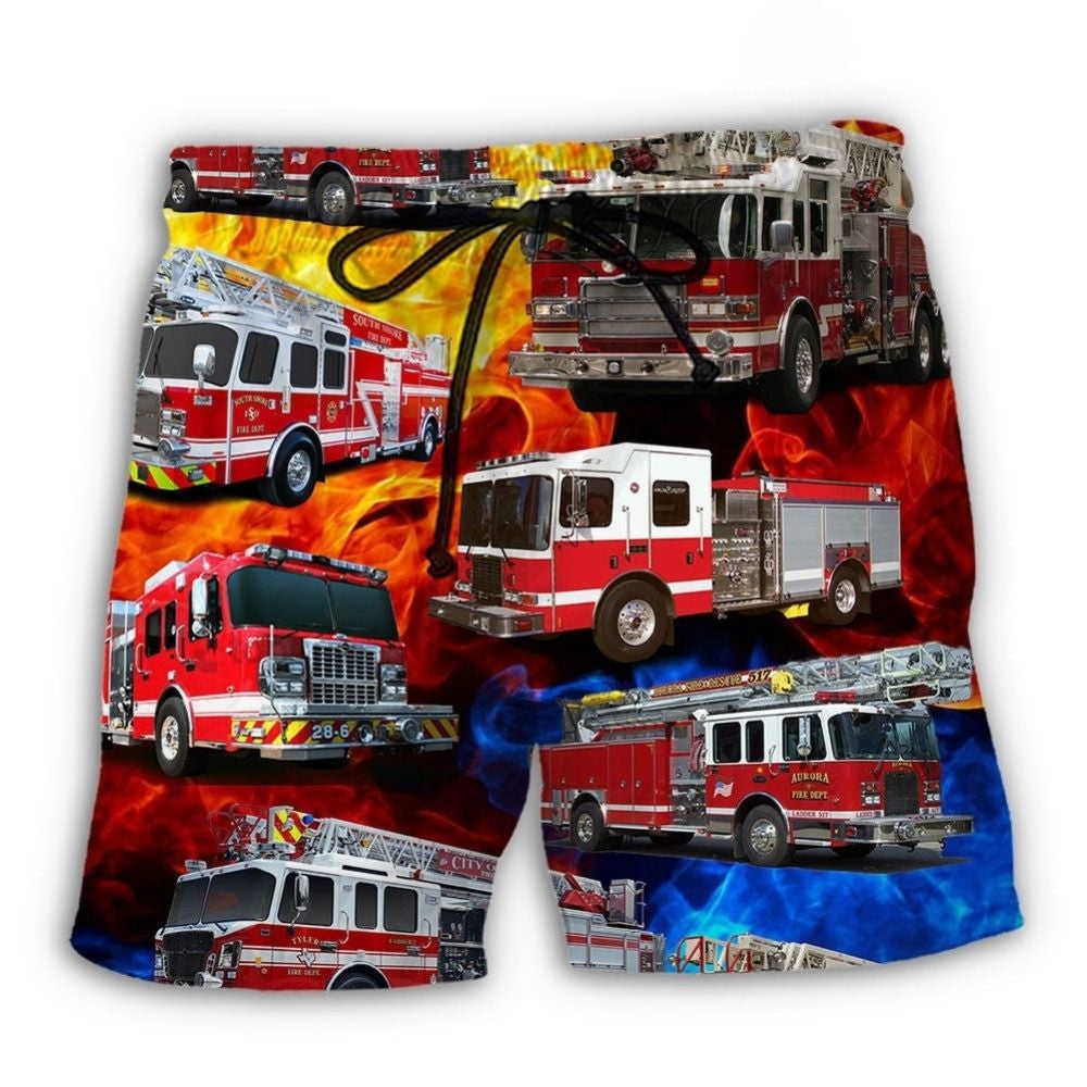 Fire Truck Firefighter Life Tribute Beach Shorts Design Detail For Weekend Getaways And Beach Days