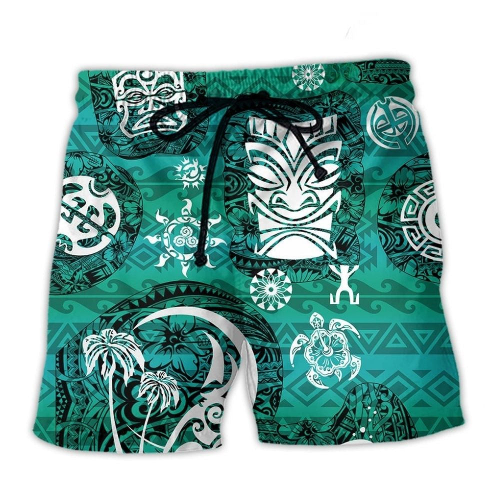 Tiki Turtle Green Beach Shorts Print Detail For Relaxed Warm Weather Outfits