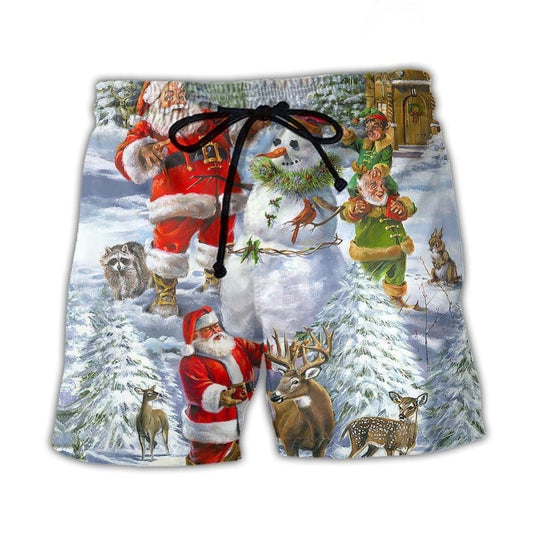 Christmas Santa Snowman Elf Joy Beach Shorts Pattern View For Vacation Travel And Outdoor Fun