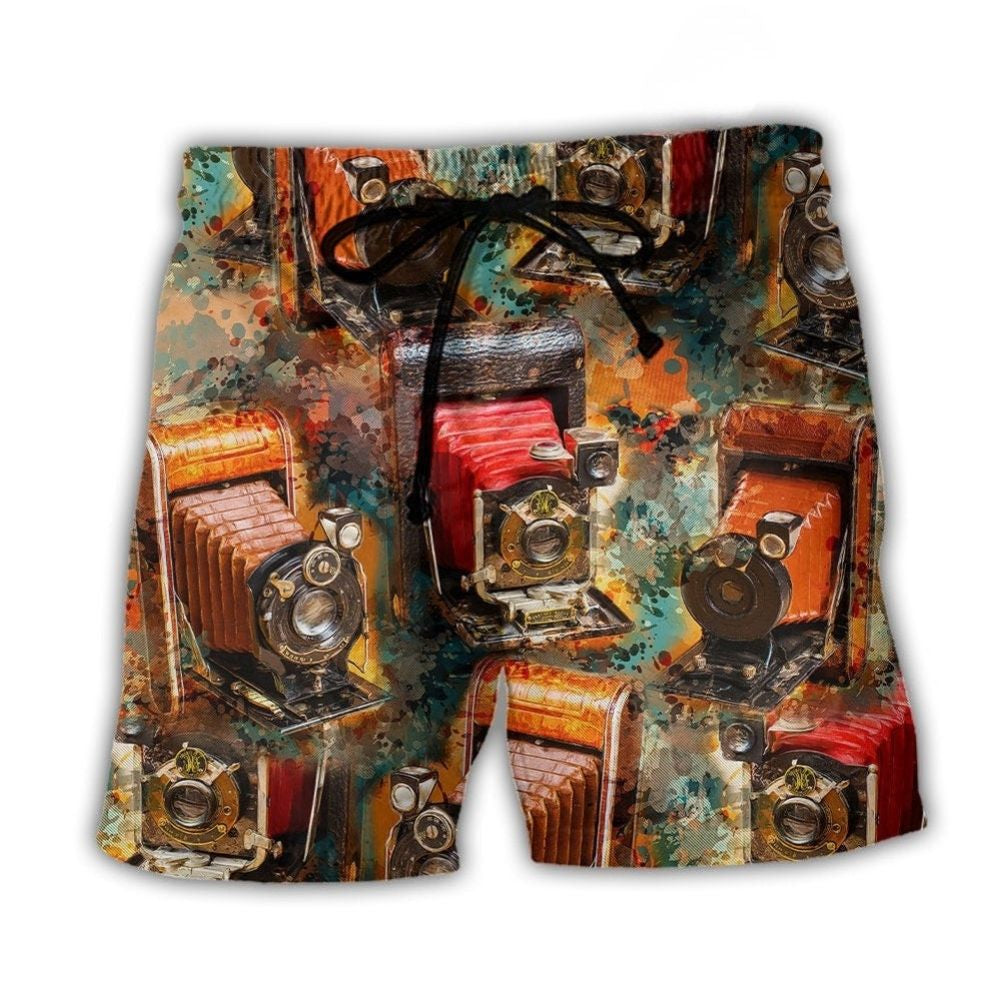 Vintage Retro Film Camera Beach Shorts Design View For Summer Events And Coastal Getaways