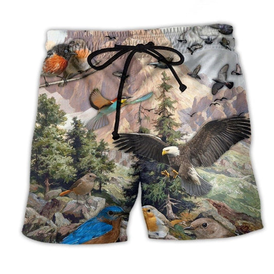 Birds Mountain Nature Classic Beach Shorts Artwork Detail For Tropical Travel And Everyday Wear
