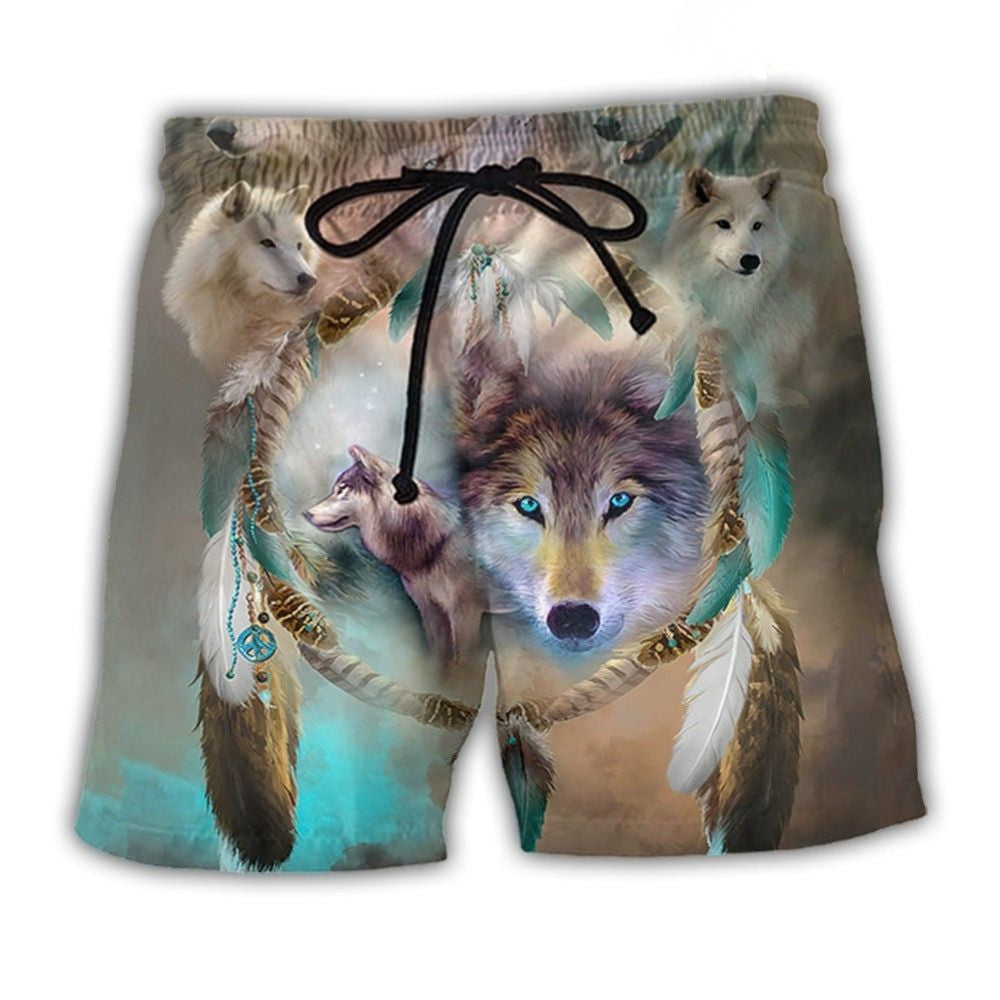Native Wolf Dreamcatcher Spiritual Beach Shorts For Summer Vacation And Coastal Travel