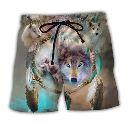 Native Wolf Dreamcatcher Spiritual Beach Shorts For Summer Vacation And Coastal Travel