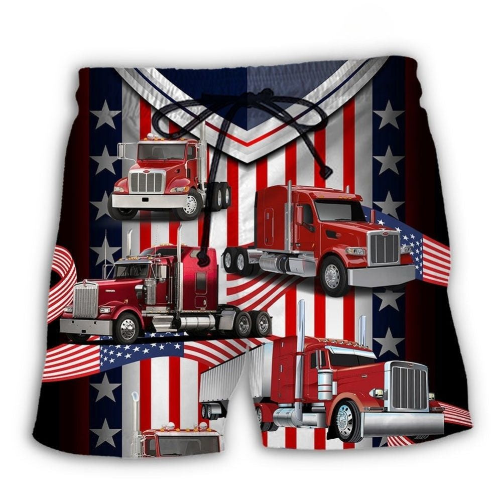 USA Flag Truck Driver Patriotic Beach Shorts Pattern View For Vacation Travel And Outdoor Fun