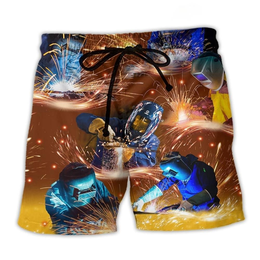 Welder Works Hard Proud Beach Shorts Print Detail For Thoughtful Gift Giving
