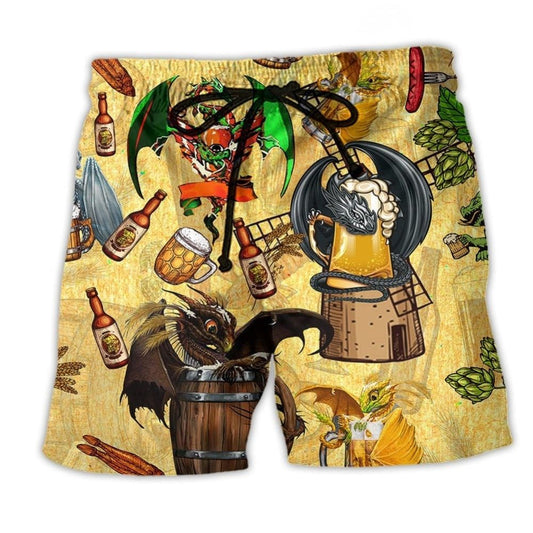 Dragon Beer Humor Fantasy Party Beach Shorts For Coastal Adventures And Relaxed Summer Wear