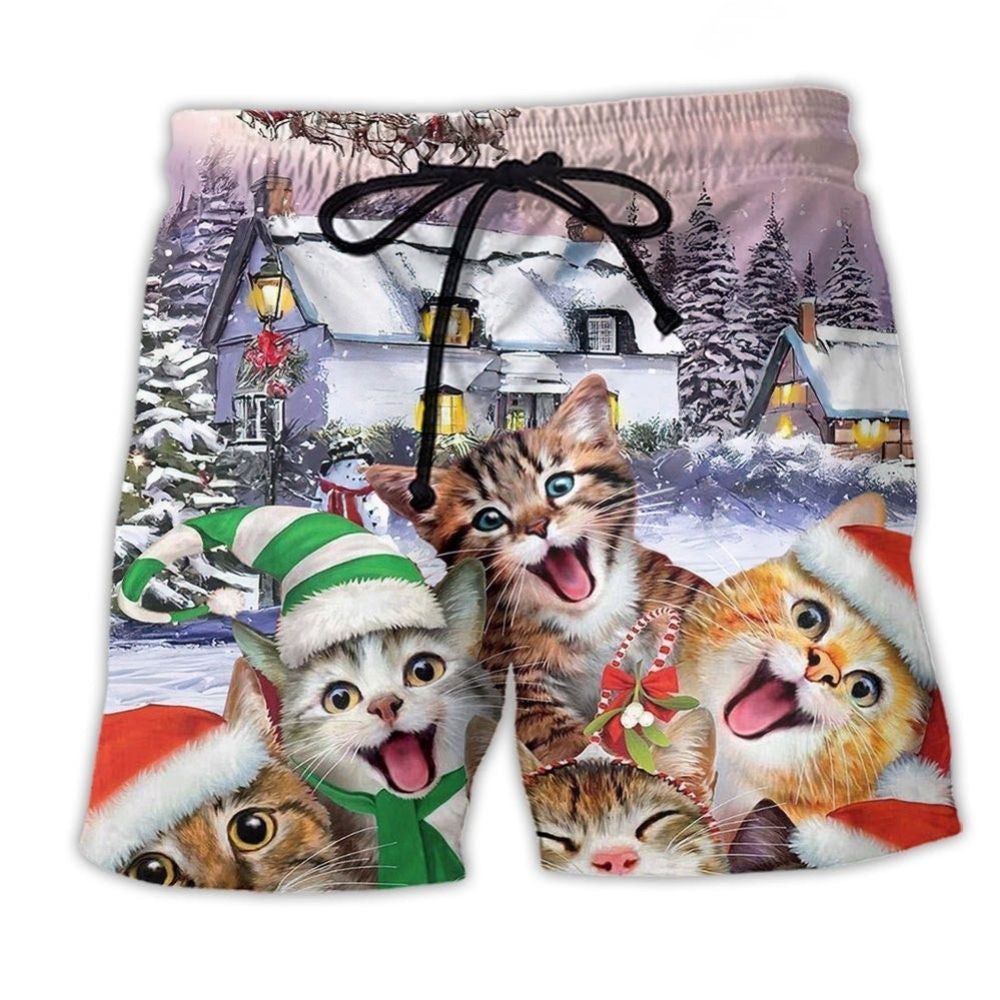 Christmas Cat Love Message Beach Shorts Pattern View For Coastal Holidays And Casual Activities