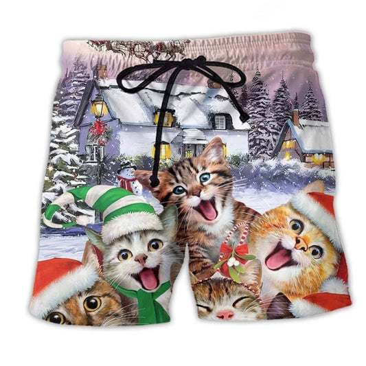 Christmas Cat Love Message Beach Shorts Pattern View For Coastal Holidays And Casual Activities