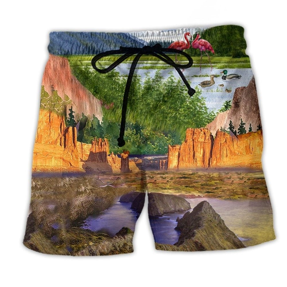 Camping Flamingo Landscape Beach Shorts For Resort Getaways And Bright Summer Outfits
