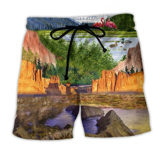 Camping Flamingo Landscape Beach Shorts For Resort Getaways And Bright Summer Outfits