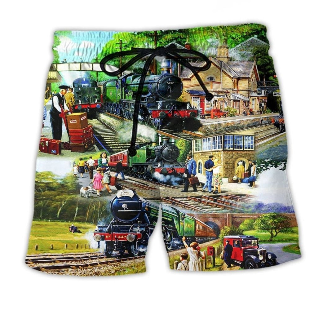 Train Track Landscape Beach Shorts For Weekend Escapes And Distinctive Seasonal Style