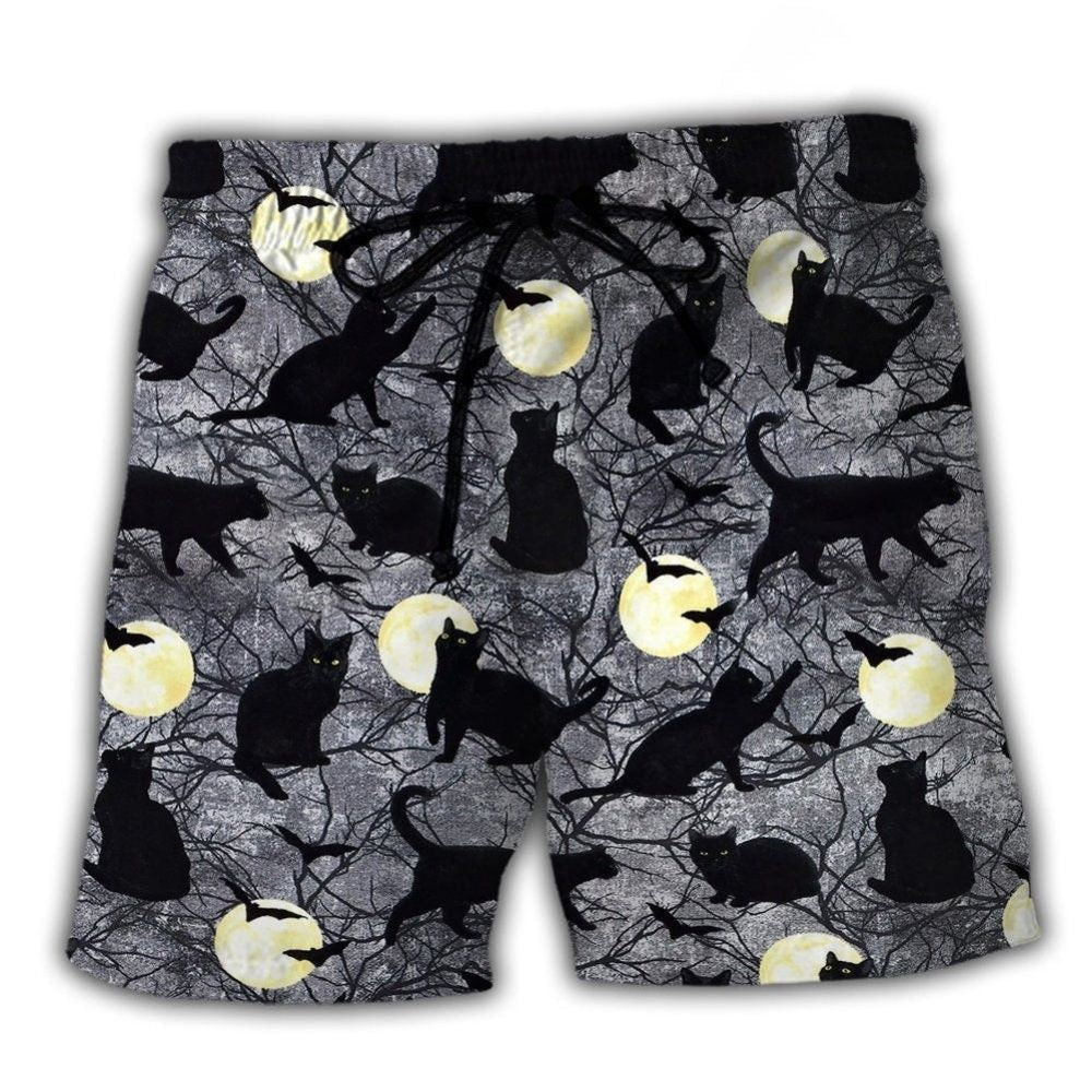 Halloween Black Cat Moon Beach Shorts For Summer Vacations And Comfortable Daily Wear