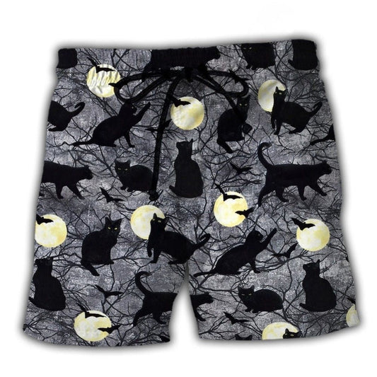 Halloween Black Cat Moon Beach Shorts For Summer Vacations And Comfortable Daily Wear