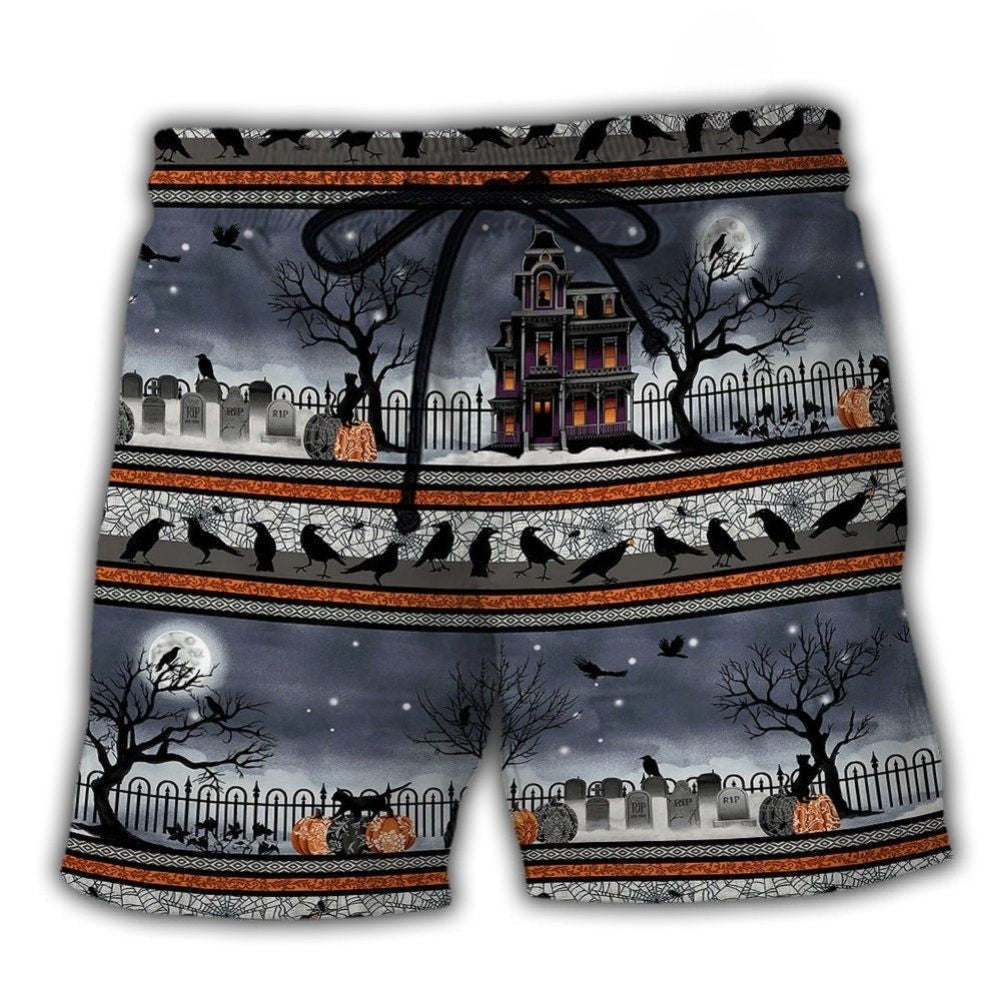 Scared Spooky Night Border Halloween Beach Shorts For Coastal Road Trips And Leisure And Relaxation