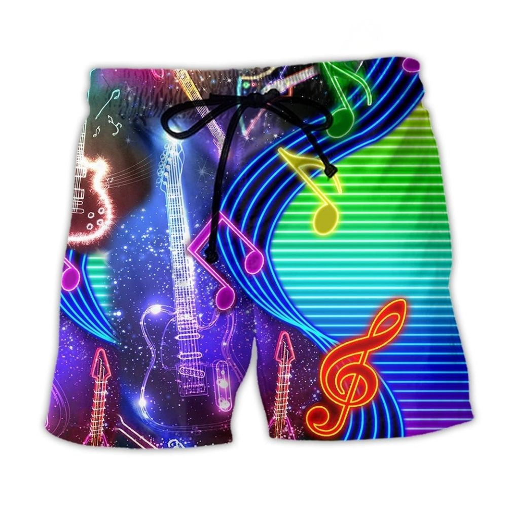 Guitar Neon Light Music Beach Shorts Design Detail For Concert Inspired Vacation Wear