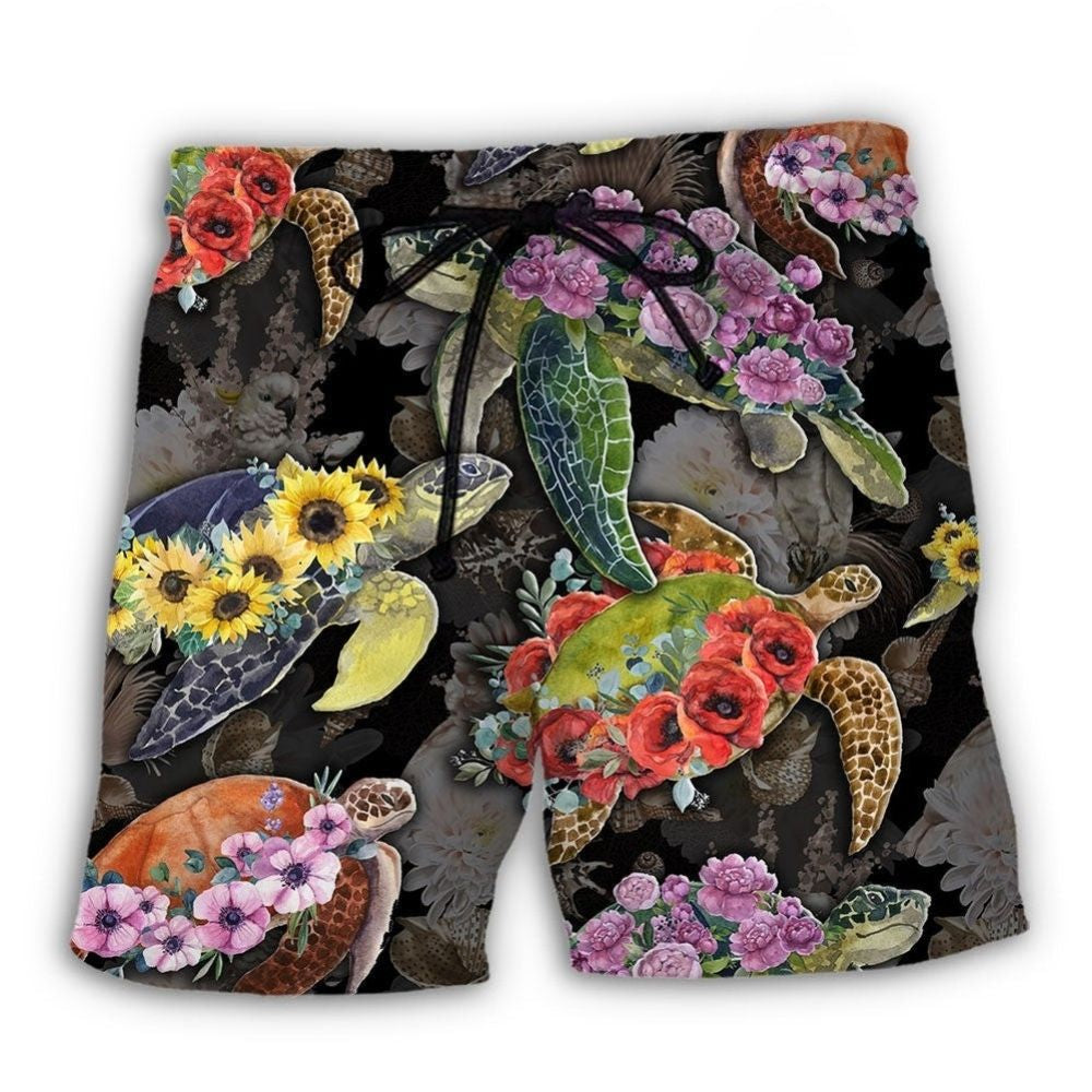 Turtle And Flowers Tropical Nature Beach Shorts Pattern View For Vacation Travel And Outdoor Fun