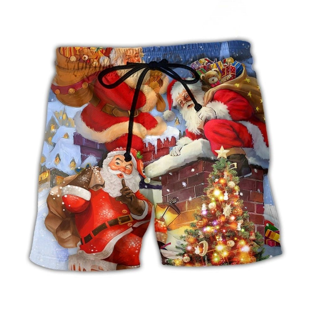 Christmas Santa Rooftop Beach Shorts Design View For Summer Events And Coastal Getaways