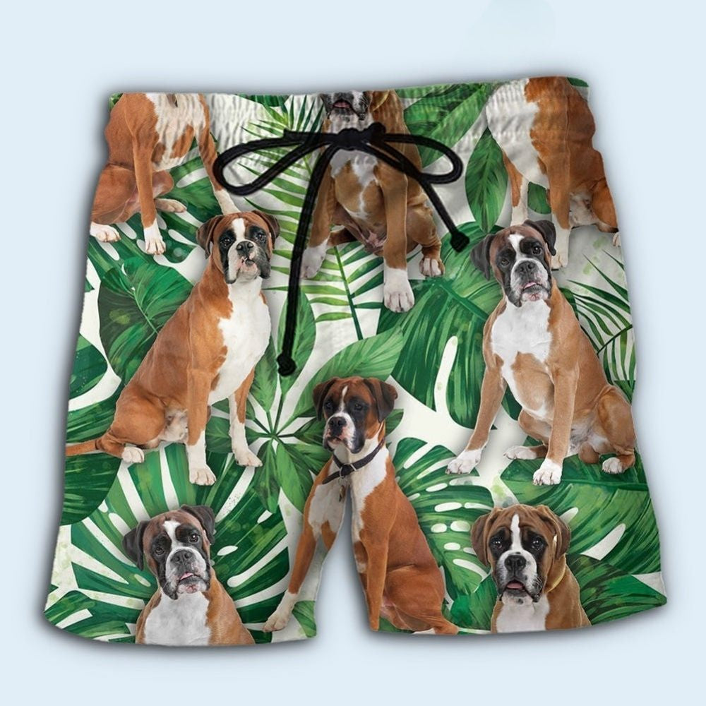 Boxer Dog Tropical Leaf Beach Shorts Design View For Comfortable Resort And Beach Styling
