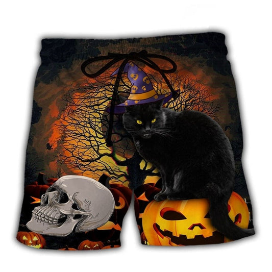 Black Cat Pumpkin Scary Beach Shorts For Beach Days And Leisure And Relaxation