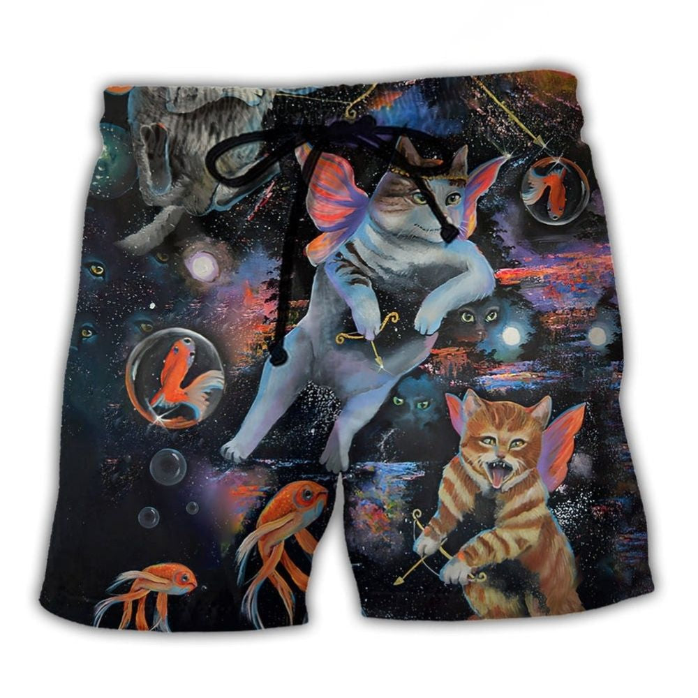 Cat Cupid With Goldfish Fantasy Beach Shorts Graphic Detail For Resort Trips And Casual Outings