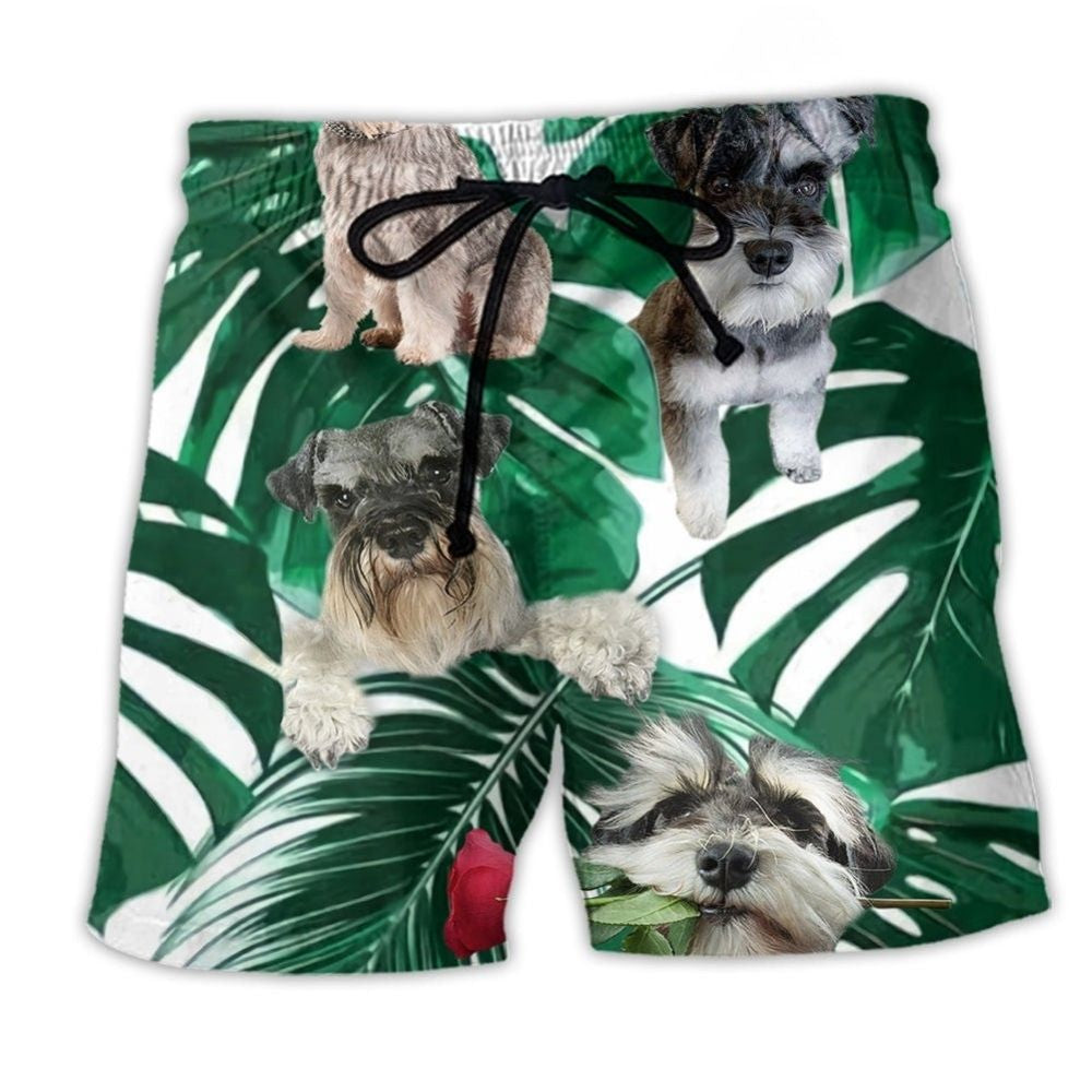Miniature Schnauzer Tropical Leaf Beach Shorts Design View For Comfortable Resort And Beach Styling