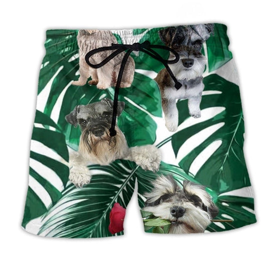 Miniature Schnauzer Tropical Leaf Beach Shorts Design View For Comfortable Resort And Beach Styling