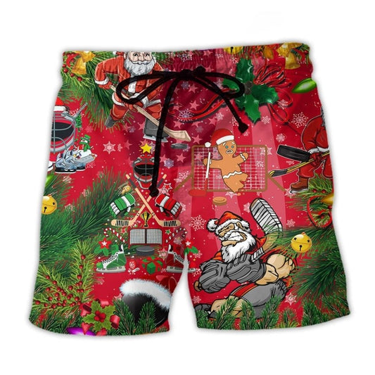 Christmas Hockey Santa Reindeer Beach Shorts For Summer Vacation And Coastal Travel