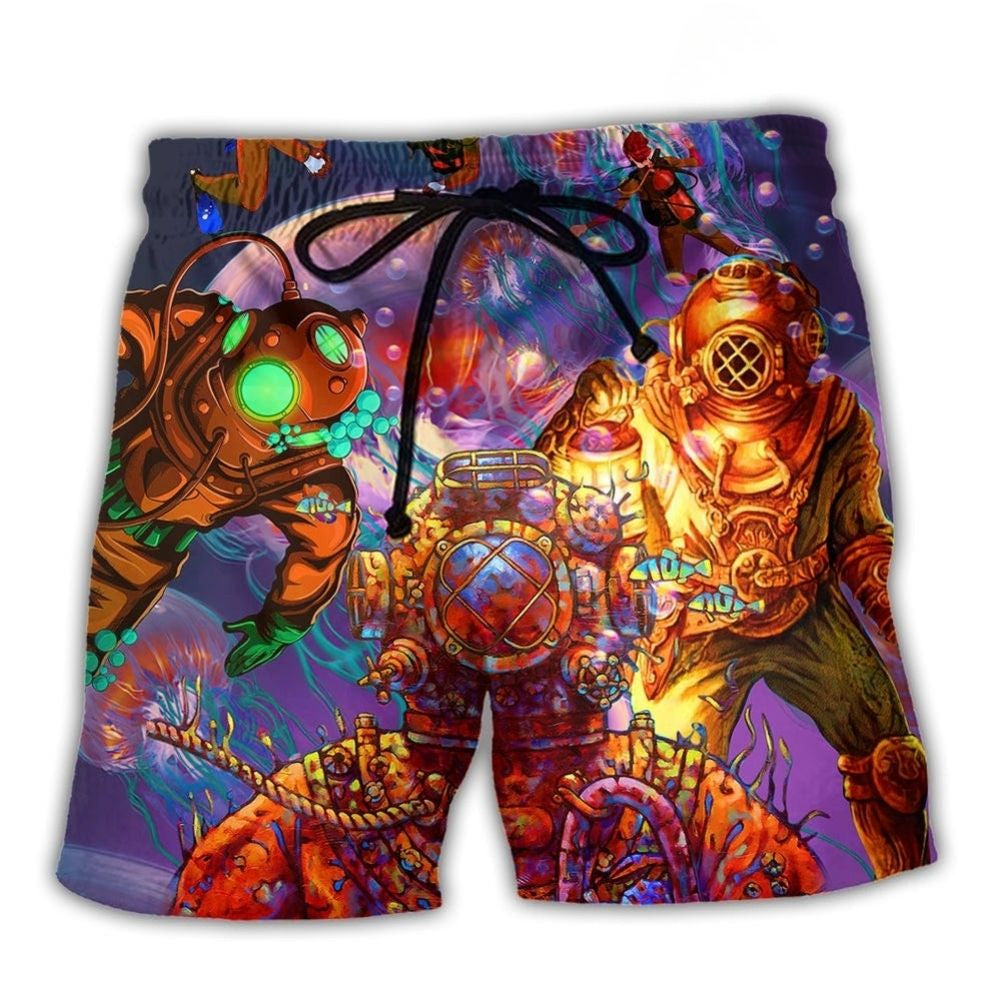 Fantasy Diving With Jellyfish Undersea Beach Shorts Pattern View For Vacation Travel And Outdoor Fun