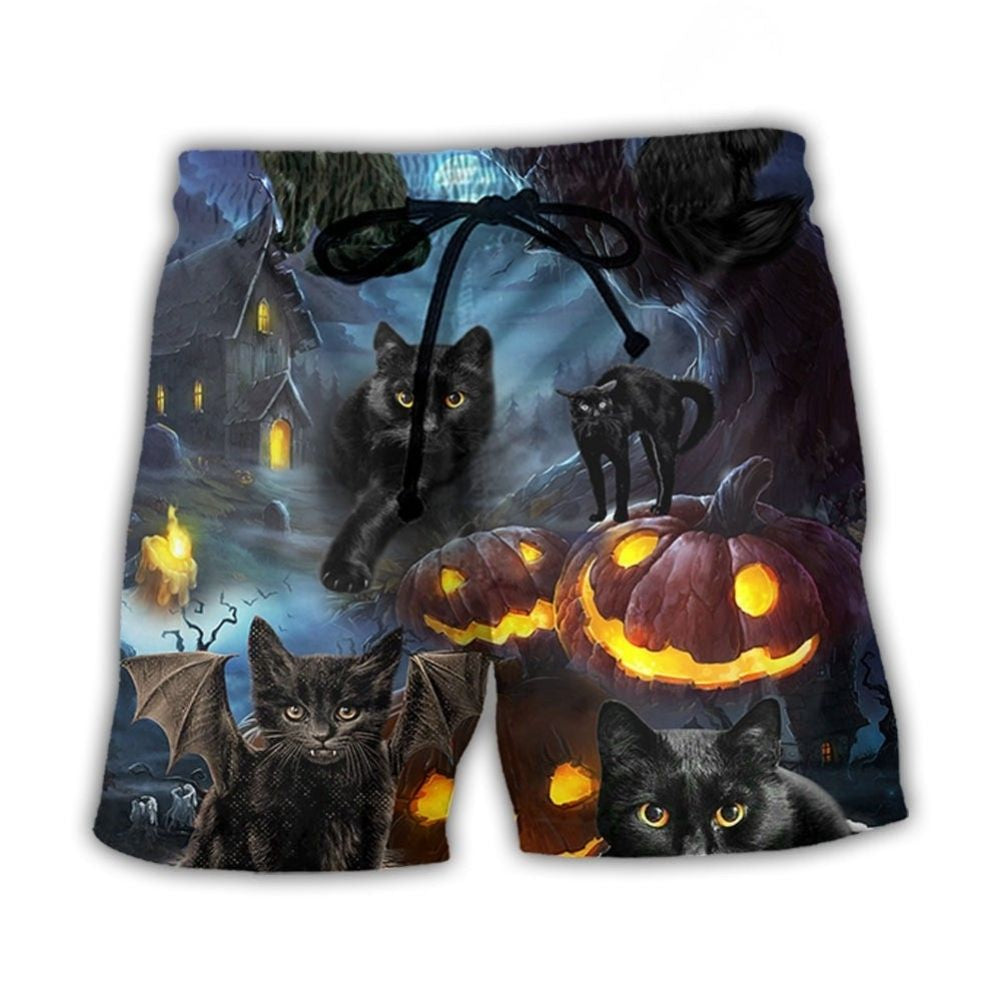 Halloween Black Cat Dark Night Pumpkin Beach Shorts For Resort Days And Comfortable Daily Wear