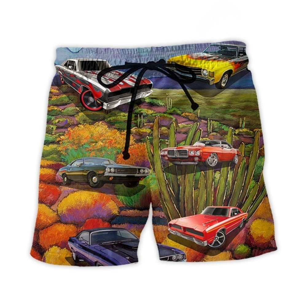 Muscle Car Scenic Landscape Beach Shorts For Vacation Travel And Casual Outdoor Comfort