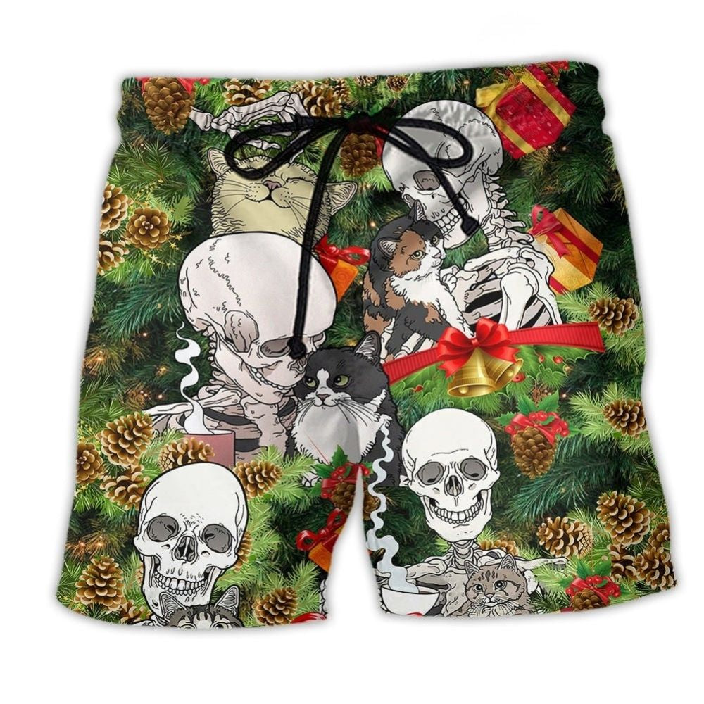 Christmas Skull Cat Beach Shorts For Coastal Adventures And Vacation Ready Style