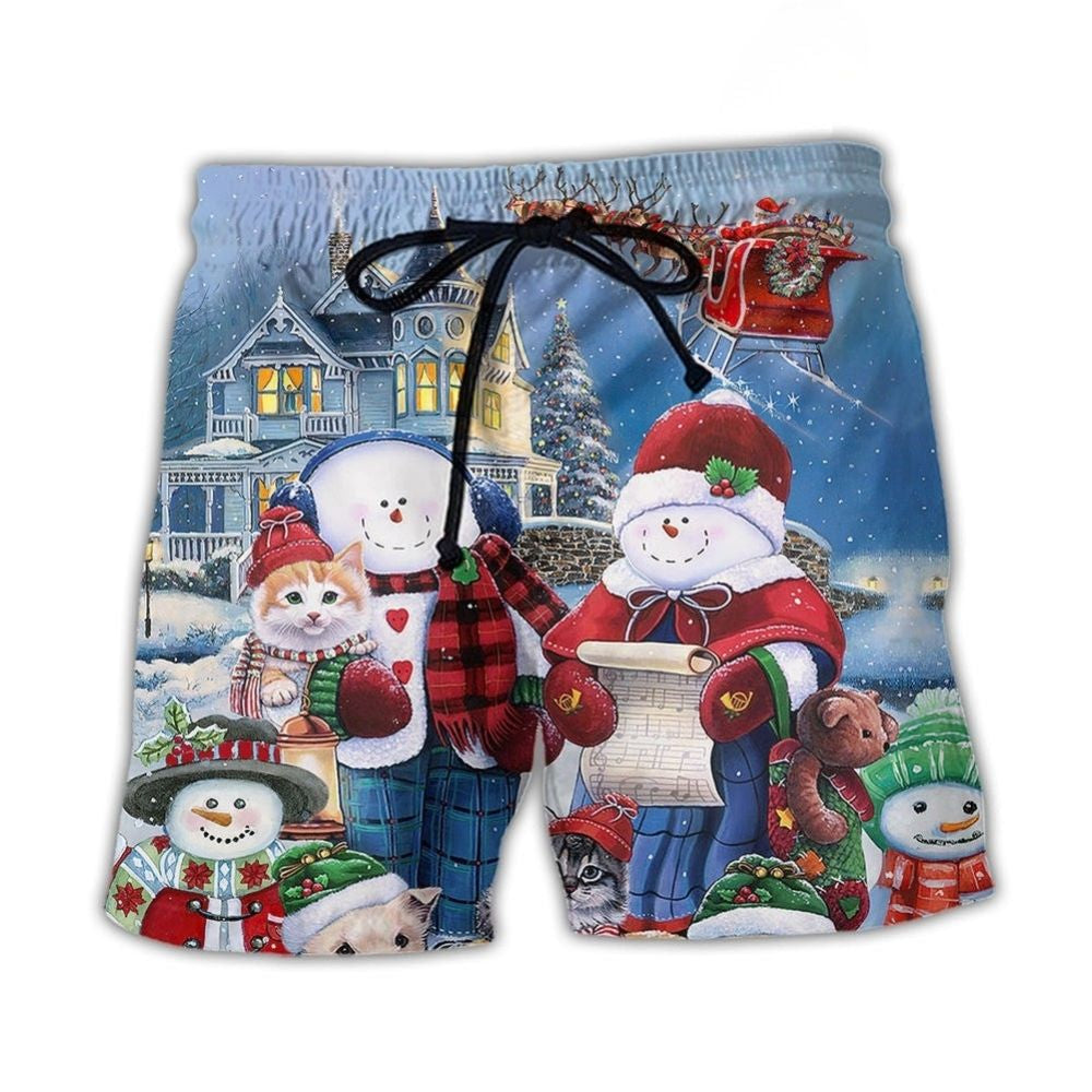 Christmas Snowman Family Love Beach Shorts Design View For Comfortable Resort And Beach Styling