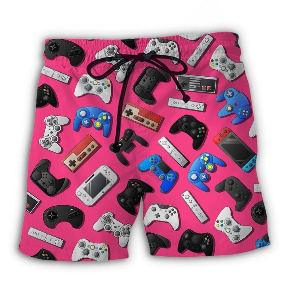 Pink Video Game Inspired Beach Shorts Artwork Detail For Comfortable Everyday Summer Wear