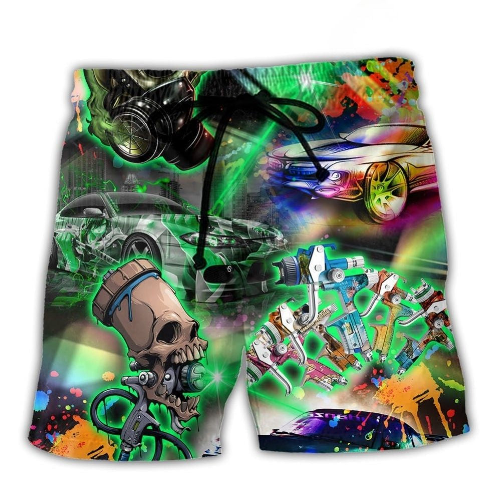 Auto Body Painter Skull Beach Shorts For Beach Days And Bright Summer Outfits