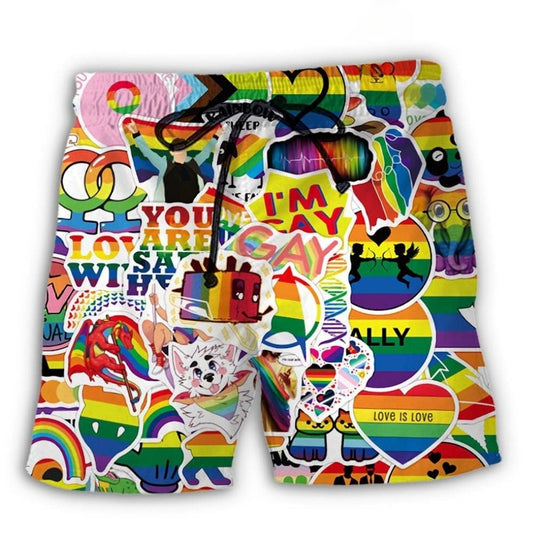 LGBT Rainbow Pride Bold Identity Beach Shorts Artwork Detail For Comfortable Everyday Summer Wear