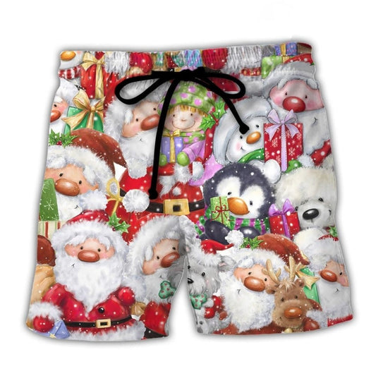 Christmas Santa And Friends Holiday Joy Beach Shorts Design Detail For Casual Warm Weather Outfits